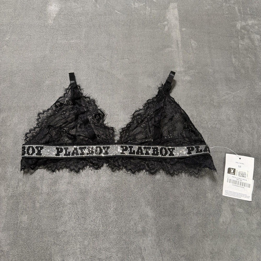 Playboy Black Triangle Lace Rhinestone Band Bralette Size Medium